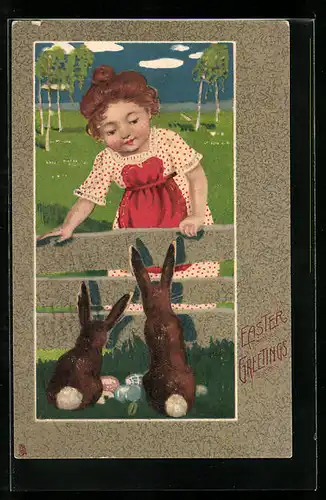 AK Mädchen mit zwei Osterhasen