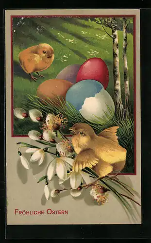 AK Osterküken mit Schneeglöckchen