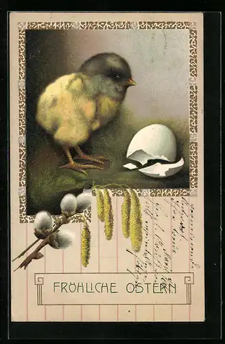 AK Osterküken mit Eierschale