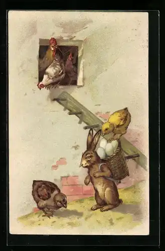 AK Osterhase mit Osterküken auf dem Korb