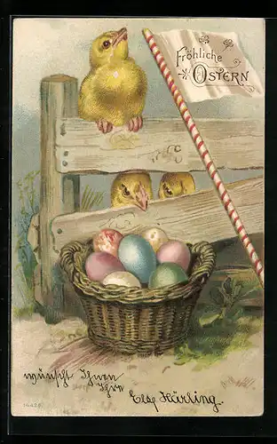 Lithographie Osterküken und bemalte Eier