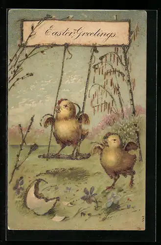 AK Osterküken auf einer Schaukel