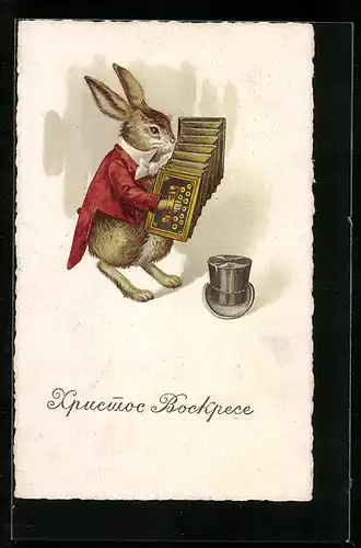 AK Osterhase mit Akkordeon und Zylinder