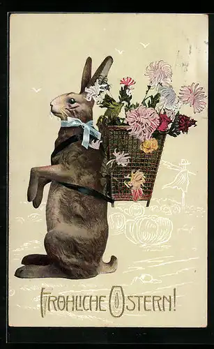 AK Osterhase mit Korb voller Blüten