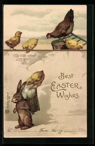 AK Osterhase mit Eierkorb auf dem Rücken und Osterküken