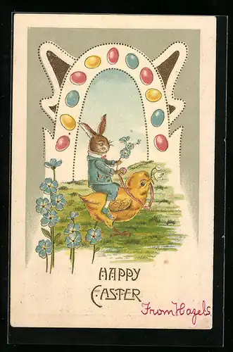AK Osterhase reitet auf Osterküken