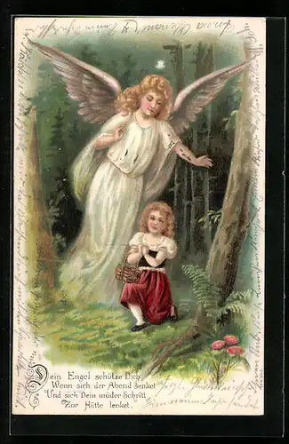 Präge-AK Schutzengel bewacht Mädchen nachts im Wald