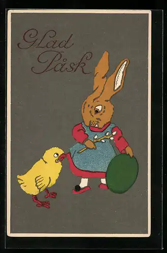 AK Osterhase mit Osterküken und Ei