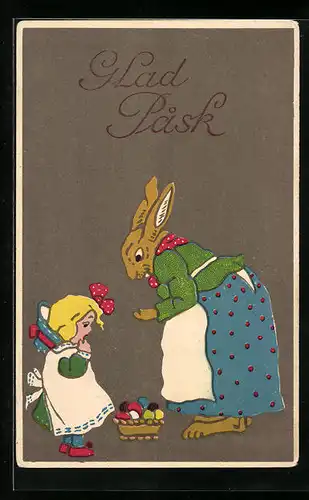 AK Osterhase mit Mädchen und Ostereierkorb