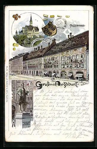 Lithographie Augsburg, Fuggerhaus, Denkmal, Fürstl. Fuggers'sches Schloss, Stadtwappen