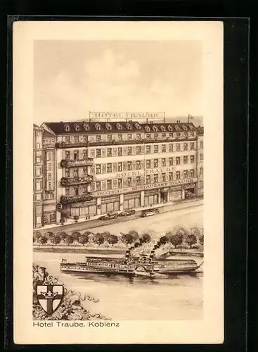 Künstler-AK Koblenz, Hotel Traube, Dampfer, Wappen