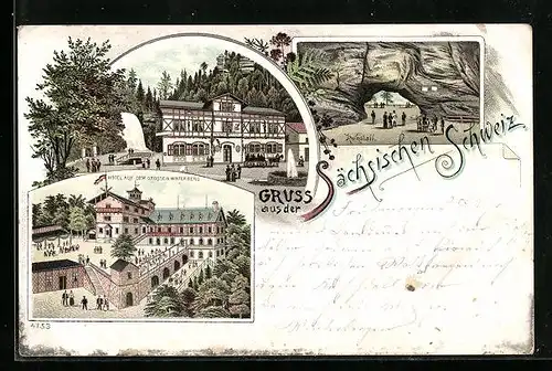 Lithographie Bad Schandau, Hotel und Restauration auf dem Grossen Winterberg, Kuhstall