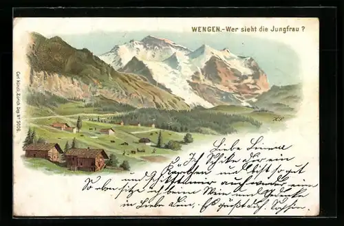 Lithographie Künzli Nr. 5006: Wengen, Wer sieht die Jungfrau, Berg mit Gesicht / Berggesichter