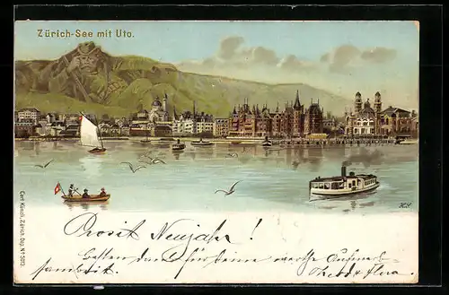 Künstler-AK Künzli Nr. 5013: Zürich See mit Uto, Berg mit Gesicht / Berggesichter