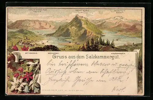 Vorläufer-Lithographie Schafberg i. Salzkammergut, Gruss aus dem Salzkammergut mit Höllengebirge und Mondsee 1894