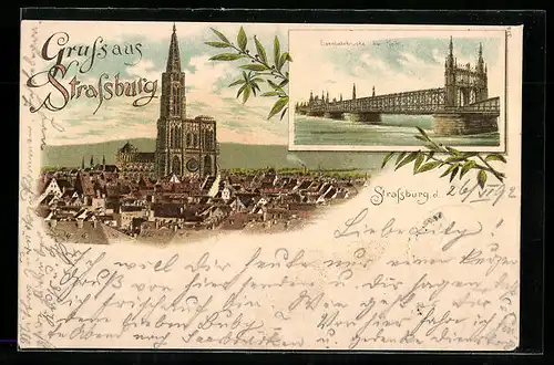 Vorläufer-Lithographie Strassburg, Eisenbahnbrücke bei Kehl, Münster 1892
