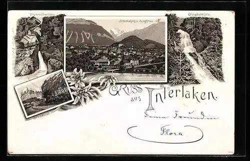 Vorläufer-Lithographie Interlaken, Trümmelbachfall, Glessbachfall, Jungfrau 1895