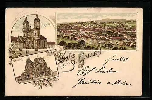 Vorläufer-Lithographie St. Gallen, Kathedrale, Unionbank, Totalansicht 1895