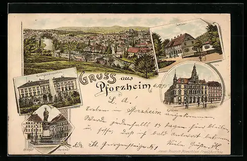 Vorläufer-Lithographie Pforzheim, Kunstgewerbeschule, Rathaus, Kriegerdenkmal, Seehaus 1895