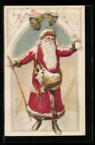 Präge-AK Weihnachtsmann unter Weihnachtsglocken, A Merry Christmas