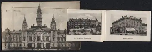 Leporello-AK Györ, Városháza, Pályaudvar