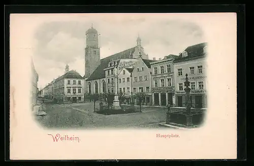 AK Weilheim, Hauptplatz mit Denkmal und Brunnen