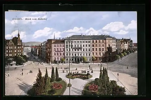 AK Kassel, Blick vom Bahnhof auf das Hotel Nordischer Hof und Cigarrengeschäft