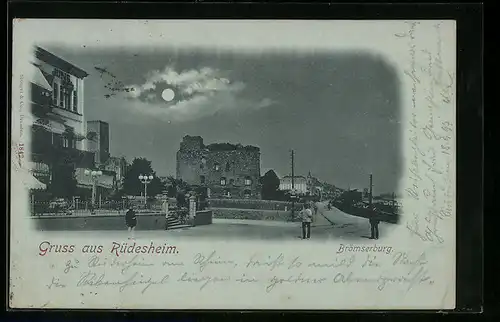 Mondschein-AK Rüdesheim, Blick auf die Brömserburg