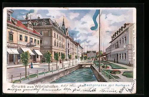 Lithographie Bad Wörishofen, Bachstrasse mit dem Kurhaus