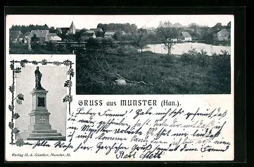 AK Munster /Han., Ortsansicht mit Denkmal