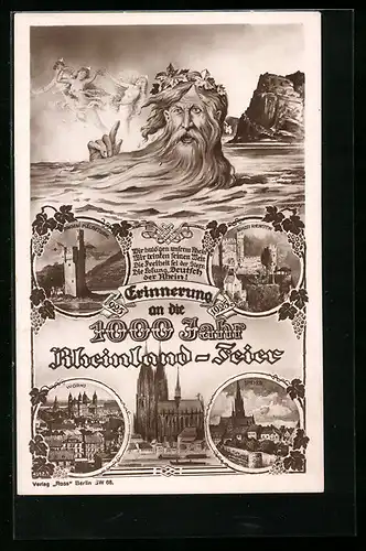 AK Worms, 1000-Jahr-Rheinland-Feier 1925, Ortsansicht, Ortsansicht Speyer, Vater Rhein, Rheinfelsen und Nymphen
