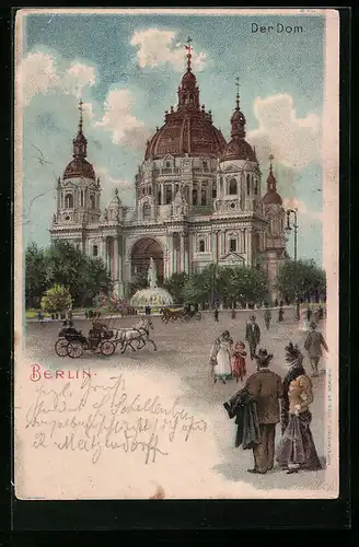 Lithographie Berlin, Der Dom mit Kutsche und Passanten