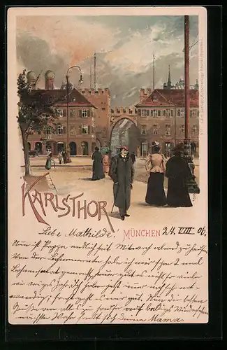 Lithographie München, Spaziergänger am Karlsthor bei Gewitterstimmung