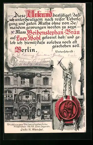 Lithographie Berlin, Gasthaus Weihenstephanbräu, Friedrichstrasse 176 /177 Ecke Jägerstrasse