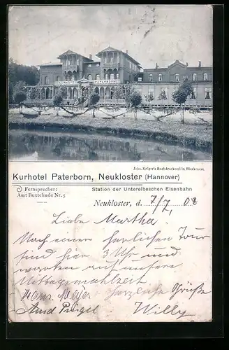 AK Neukloster bei Hannover, Kurhotel Paterborn, vom Wasser gesehen