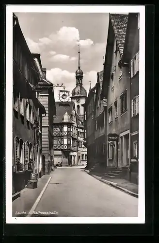 AK Lauda, Rathausstrasse mit Kirche und Friseur