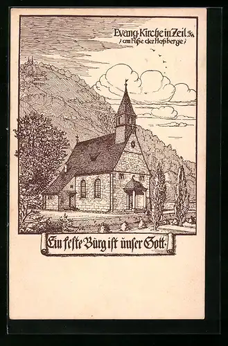 Künstler-AK Zeil a. M., Evangelische Kirche am Fusse der Hassberge