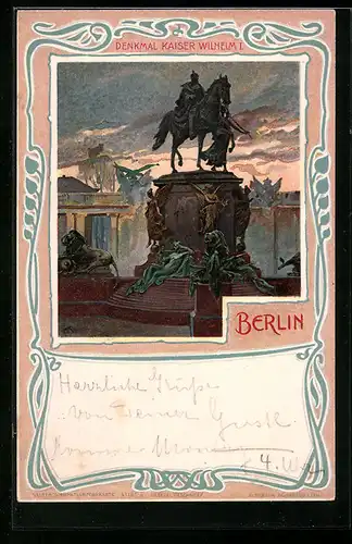 Lithographie Berlin, Denkmal Kaiser Wilhelm I. in der Dämmerung
