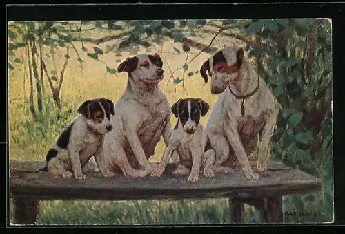 AK Eine glückliche Familie mit zwei Welpen