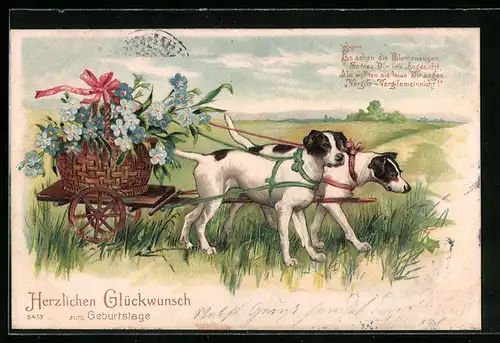 Präge-AK Hundegespann mit Blumenwagen, Geburtstagsgruss