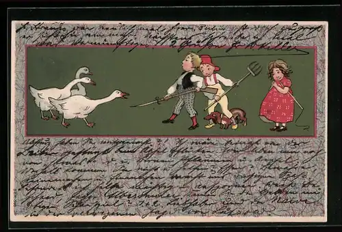 Präge-AK Kinder mit Dackel verteidigen sich gegen eine Gänseschar