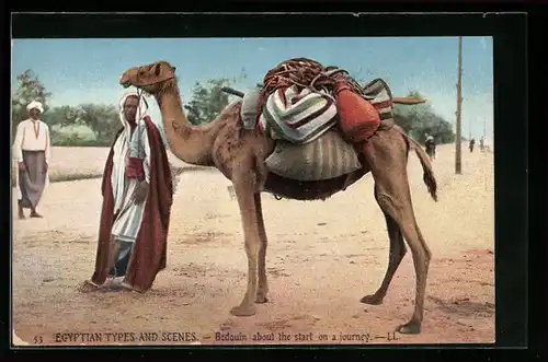 AK Ägypten, Beduine vor einer Reise mit dem Kamel