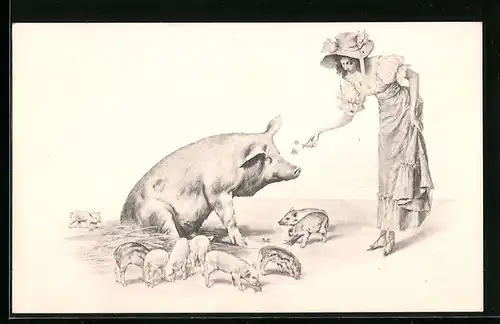 AK Eine Dame füttert eine Muttersau mit Kleeblättern