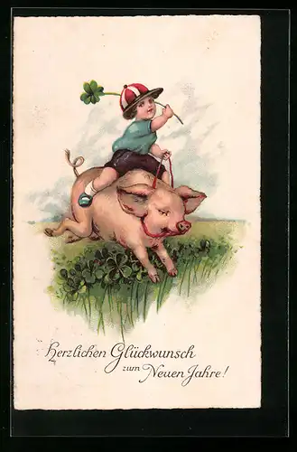 AK Knabe reitet auf Schwein über Kleeblatt-Feld