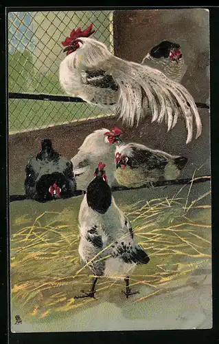 Präge-AK Hennen und Hahn im Stall, Ostern