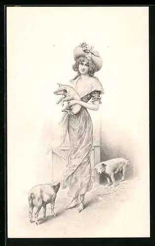 AK Junge Dame mit Ferkelchen auf dem Arm
