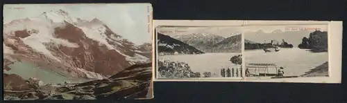 Leporello-AK Interlaken, Dampfschifflände und Bahnhof, Panorama mit Jungfrau, Höheweg-Promenade