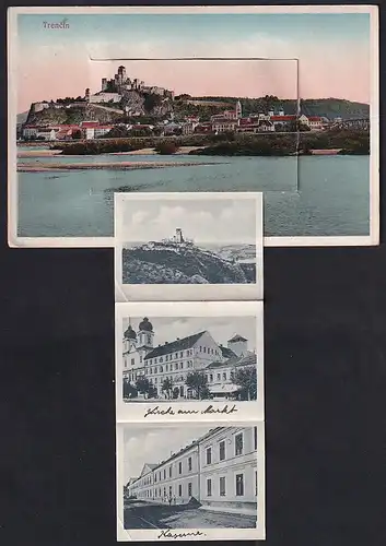 Leporello-AK Trencin, Gesamtansicht, Hotel Tatra, Kirche am Markt