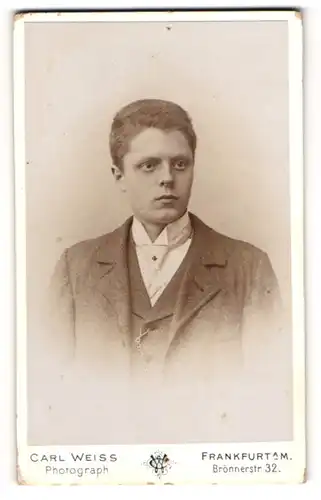 Fotografie Carl Weiss, Frankfurt a. M., Brönnerstr. 32, Junger Herr im Anzug mit Krawatte
