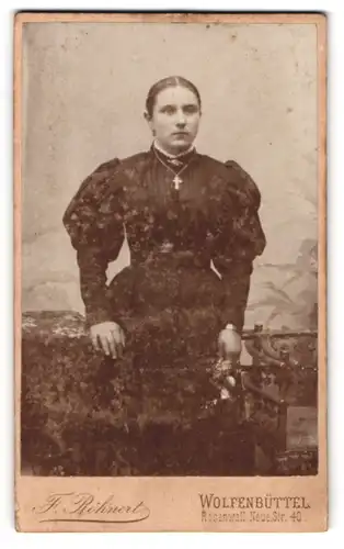 Fotografie F. Röhnert, Wolfenbüttel, Rosenwall, Neue Str. 129 /40, Junge Dame im Kleid mit Kreuzkette